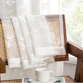 Woaboy Curtains, White Leaves Pattern, Voile Curtains with Eyelets, Living Room, Transparent Eyelet Curtain, Sheer Voile Curtains for Bedroom, Set of 2, 140 x 260 cm (W x H)