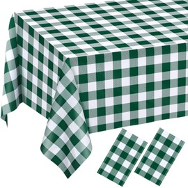 2 Pcs Green Gingham Tablecloth Disposable Plastic Checkered Table Cloths for Parties Disposable, Waterproof Rectangular Green & White Table Cover for Camping, Birthday, Party, Picnic 54 × 108 Inch