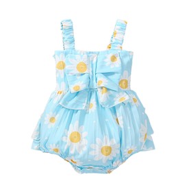 Baby Girl Romper Casual Sleeveless Bow Front Floral Print Bodysuit Newborn Playsuit Summer Clothes (Blue, 12-18 Months)
