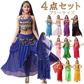 milicross Belly Dance Costume, 4-piece Set, Total of 11 Colors (Green/One Size Fits All) Stage Costume (Tops, Skirt, Veil, Hip Scarf), Beginners, Belly Dance Costume, Lesson Wear, Stage, Cosplay