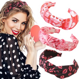 BASEMMAHER Valentine's Day Heart Knotted Headbands for Women Heart Lip Wide Hair Hoop Hair Accessories for Valentine Party(Red Pink Black, S)
