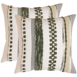YEARSTAR Boho Throw Pillow Covers 18x18, Set of 2 - Farmhouse Decorative Cushion Case, Striped Square Pillow Covers, Chenille Accent Neutral Pillowcase for Sofa Couch Bed, Green