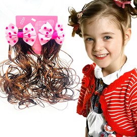 2 PCS Hair Extension for Girls Kids Ponytail Extension with Hair Clips Cute Hairpin Wig Braid for Baby Toddlers Little Girls Curly Brown Synthetic Hairpieces Ponytails Accessories (Pink Bow)