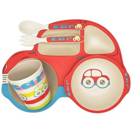 Bamboo Dinnerware Set for Kids Toddlers Car Plate Bowl Cup Fork and Spoon 5 Piece Kitchen Dishes Utensils Set, BPA Free, Eco Friendly and Food-safe