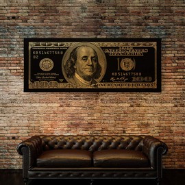"AWESOMETIK" 100 Dollar Bill Money Press Design Canvas Print Art Home. Ready to Hang. Made in USA (36in x 16in Gallery Wrapped, Benjamin Gold Edition)