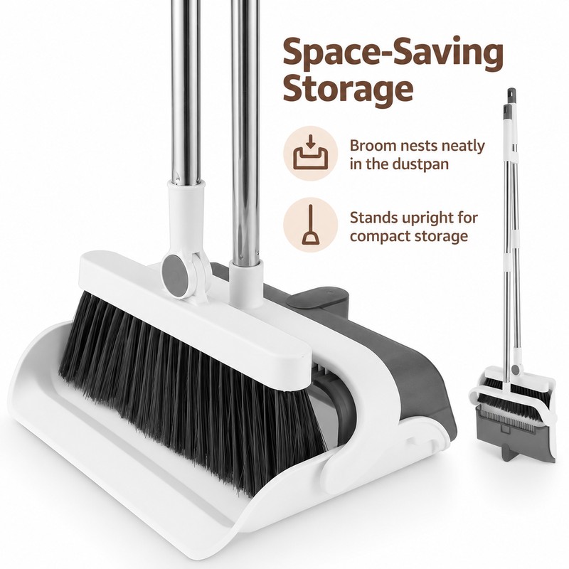 Upright Broom and Dustpan Set – 180° Foldable Dustpan with