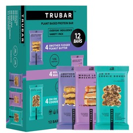 TRUBAR Paquete variado de barras de proteína vegana, sabores variados: mantequilla de cacahuete, macchiato, masa de galleta, sin gluten, snacks proteicos veganos, 12 g de proteína vegetal.
