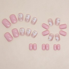 Square Press on Nails Short Fake Nails with White Flower Designs Pink Nails Press ons Glossy Glue on Nails Cute Acrylic Nails Spring False Nails Artificial Stick on Nails for Women 24Pcs