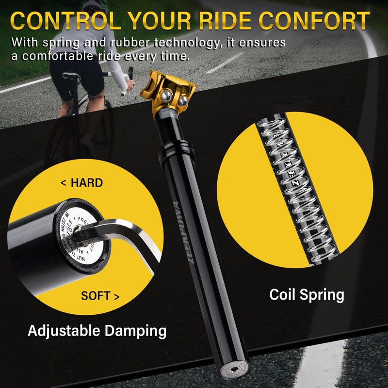 31.6 mm diameter spring-loaded seat post, lightweight and adjustable, spring-loaded