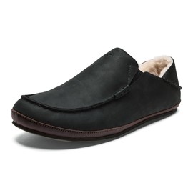 OLUKAI Moloa Slipper, Men's Premium Leather Slip-On Shoes, Soft Genuine Shearling Lining & Gel Insert, Drop-In Heel & All-Day Comfort, Black/Dk Java, 15