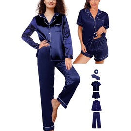 WJing Yi Jia 6Pcs Womens Silk Satin Pajamas Set XS-XXL Pajama Sets Pjs Set Button Down Pj Sets Sleepwear Loungewear Navy