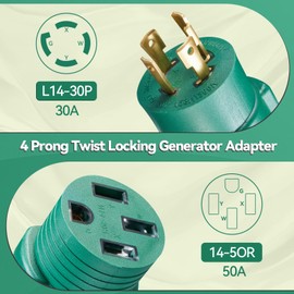 4 Prong Generator Adapter 30Amp to 50Amp,Compatible with L14-30P to 14-50R , Twist Locking RV Generator Plug for RV Camper,Outdoor Camping,Household Appliances (Green)