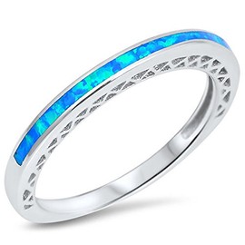 Blue Simulated Opal Fashion Thin Wedding Ring New .925 Sterling Silver Band Size 6