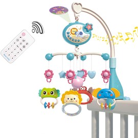 Móvil para Bebé Cuna Musical, Cuna Musical para bebé con Proyección de Luz de Estrellas,Móvil de Bebé para Cuna con Rotación de 360°con Control Remoto,Regalo para Recién Nacido (Azul)