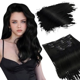 Ugeat 40 cm Clip-In Extensions Real Hair 100 g, Clip-In Extensions Real Hair Single Wefts Colour 1 Jet Black Extensions, Real Hair, Complete Extension Clip in, 7 Pieces