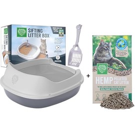 Small Pet Select- Sifting Cat Litter Box and 8lb Hemp Pellets Combo, with 5 Free Pee Pads and Free Litter Scoop, Premium System for Cats, Tidy and Easy to Clean