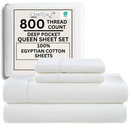 100% Egyptian Cotton Sheets Queen Size Bed Set, Deep Pocket Queen Sheet set, 800 Thread Count Cotton Bed Sheets, Naturally Cool Soft Breathable No Pill Elasticated Luxury White Bedding For All Seasons