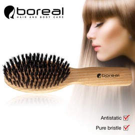 Hair brush oval model natural ash wood and pure pig bristles. Antistatic. Packed in an elegant transparent box. Entirely produced in Italy. Natural wood hair brush anti-static.