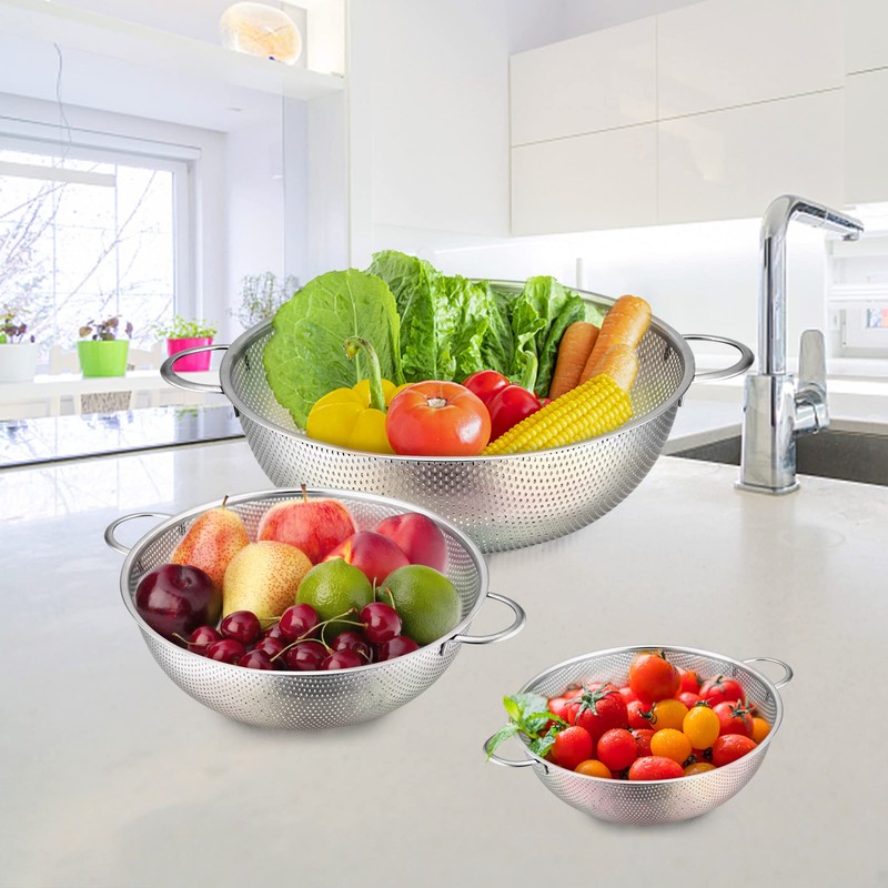Herogo Colander Stainless Steel Set of 3, Micro-Perforations Colanders with