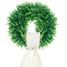 20'' Boxwood Wreath for Front Door with Ivory Sash Foldable Farmhouse Door Wreath for Year-Rind Indoor/Outdoor, Weddings & St Patricks Day