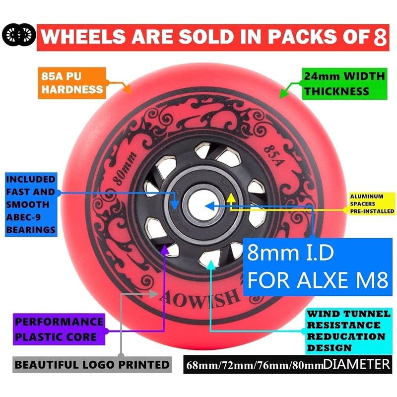 AOWISH Inline Skate Wheels 85A Outdoor Asphalt Formula Hockey Roller