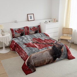 Castle Fairy Elk Deer Canadian Flag Boys Kids Comforter Set Full Size,Vintage Red Maple Leaf Duvet Set Room Decor,Western Wildlife Animals and Trees Brushed Microfiber Soft Bedding Comforter