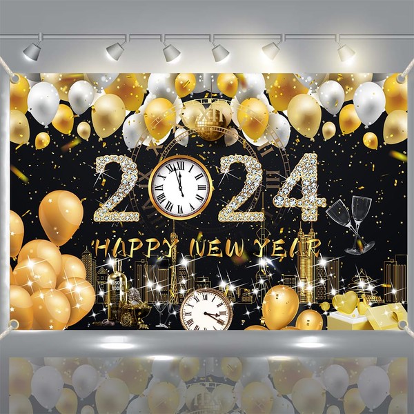 Xtra Large Happy New Year Banner 2024, 72x44 Inch Glitter New Years Backdrop for New Years Eve Decorations Party Supplies, Photo Booth Props Black and Gold Party Decorations (Gold)