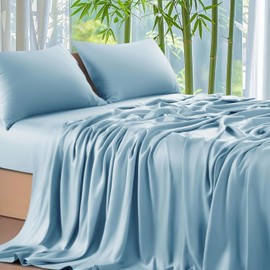 Geuz Bamboo Fitted Sheet 160 x 200 cm Blue Light Blue Antibacterial Soft Fitted Sheets Cooling Bamboo Box Spring Bed Sheet Fitted Sheet 160 x 200 cm for High Mattresses up to 15-30 cm