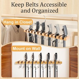 Wooden Belt Hanger for Closet 2-in-1 Wall Mount Belt Organizer Holder for Closet Organizer Storage, Ratchet Belt Rack Closet Accessories with 12 Slots & 11 Hooks