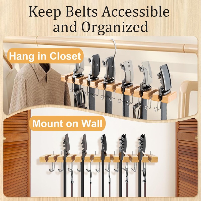 Wooden Belt Hanger for Closet 2-in-1 Wall Mount Belt Organizer