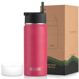 koodee 16 oz Water Bottle Stainless Steel Double Wall Vacuum Insulated Water Bottle for School, Wide Mouth Water Flask with Straw (Canyon Red)