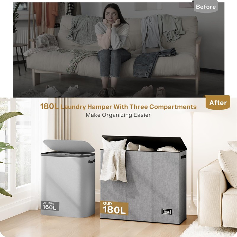 SOLEDI 180L Laundry Hamper 3 Section, Extra Large Laundry Hamper