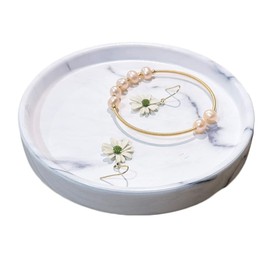 Elegant Marbled Round Jewelry Dish Key Holder, White Ceramic Vanity Tray Bathroom Organizer for Soap Perfume Candle Small Plant, Mini Dresser Organizer Home Decor(Grey Striped, Circular, 4.7")