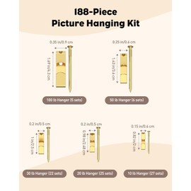 Uniclife 188 Pcs Picture Hanging Kit, 4.5 kg, 9 kg, 13.6 kg, 22.68 kg, 45.4 kg Heavy Duty Picture Hangers for Drywall & Wood, Picture Hanging Hooks, Frame Hooks for Hanging Photos Mirrors Paintings