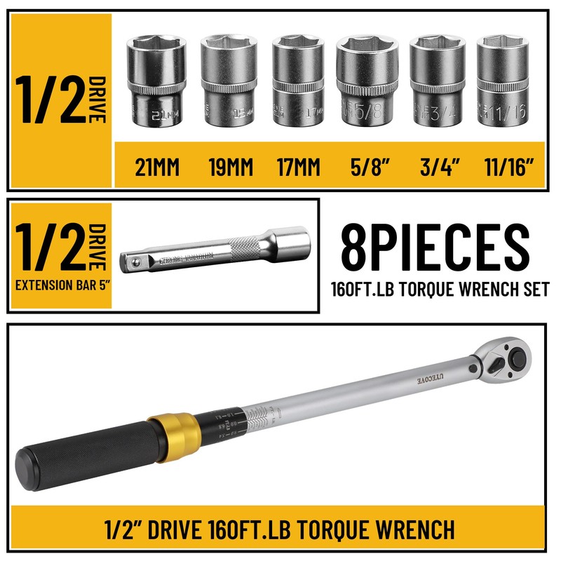UYECOVE 1/2-Inch Drive Click Torque Wrench Set, 10-160 FT-LB/13.6-217Nm Torque