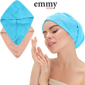 Emmy Home Hair Turban, 100% Cotton, Pack of 2 Hair Towels, Quick-Drying, Turban Towel with Button, Towel for Head and Long Hair, Turban Hair Drying Towel (Pink-Blue)