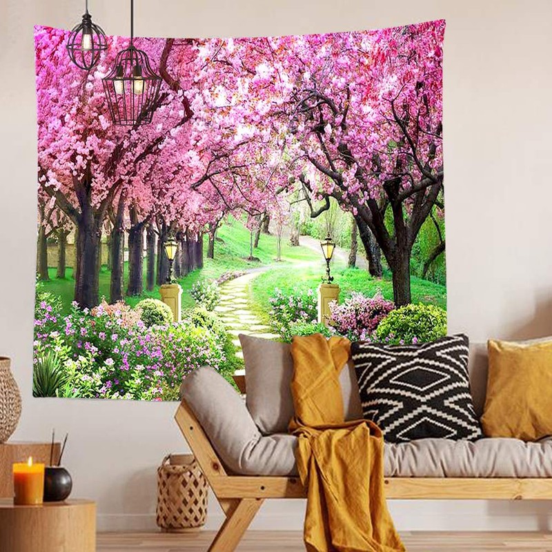 CHENGOR Tree Flower Tapestry Forest Path Red Cherry Blossom Wall