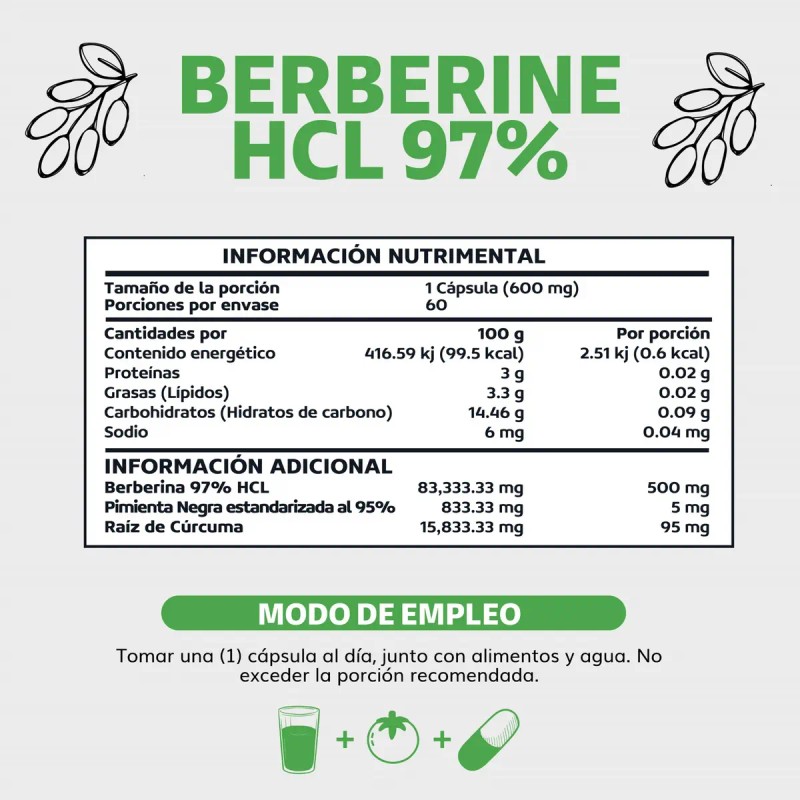 Berberina Hcl 500mg Clorhidrato Potenciado Piperina Pimienta Negra Raíz Cúrcuma