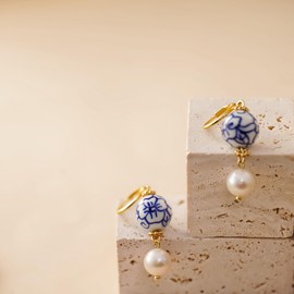Gold-Plated Four Floral Bead and Pearl Earrings – Handcrafted Ceramic Beads with Delicate Pearl Drop, 2.2INCH, Pearl Metal, Pearl