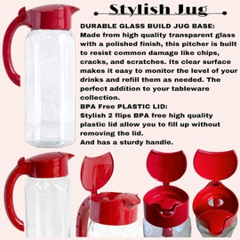 Pro Home Glass Jug with Removable Plastic Lid 1.5 Liter Pitcher Water Juice Jug for Fridge Beverage Hot/Cold Water Ice Tea Coffee Milk Transparent Pitcher Glass Jug with Lid (Red)