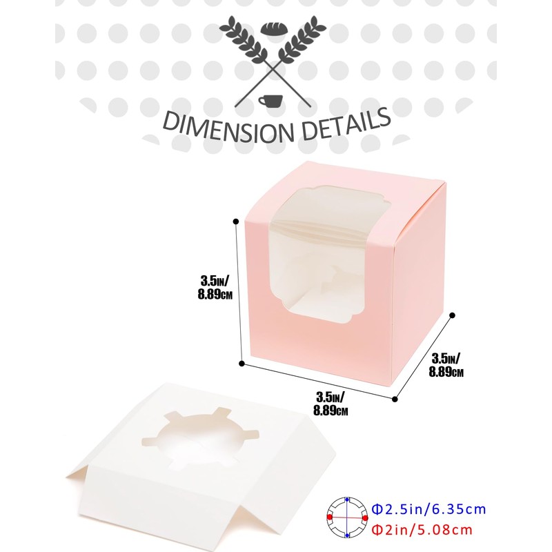 Gcardist Pink Cupcake Boxes Individual Cupcake Container 15Pcs 8.9x8.9x8.9cm Auto-Pop