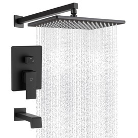 Black Shower Tub Faucet Set Bathroom Rain Shower System with Tub Spout Wall Mounted Rainfall 12 Inch Shower Head and Handle Set Shower Valve and Trim Kit, Matte Black