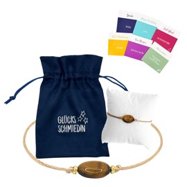 Glücksschmiedin - Tigerauge Armband Damen mit Karten-Set, Edelsteinarmband Braun mit Goldperlen und schönem Schmucksäckchen mit 6 verschiedenen Glückwunschkarten für jeden Anlass.