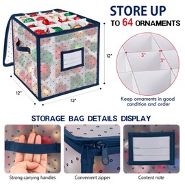BINSUNS Christmas Ornament Storage Box, Christmas Storage Containers Organizer Bag with Dividers - Fits up to 64 Holiday Xmas Ornaments Decorations 3" Seasons Balls(Blue)