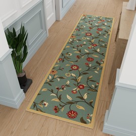 Ottomanson Hallway Runner Rug 2'7" x 9'6" Non Slip Floral Area Rugs Easy to Clean Laundry Rug Runner Durable Floor Carpet Runners for Hallways Entryway Living Room Kitchen Bathroom, Seafoam Green