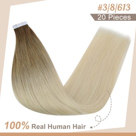 Fshine Real Hair Tape-In Extensions, 55 cm, 50 g, Invisible Real Hair, 20 Pieces, Colour 3 Dark Brown Fading to 8 Ash Brown Balayage 613 Bleach Blonde, Straight