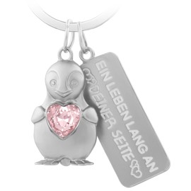 Penguin Keyring with Engraving "Ein Leben Lang an Deiner Seite" Romantic Gift for Lovers Zinc Lucky Charm with Rose Heart Pendant Gift for Girlfriend Couples Valentine's Day