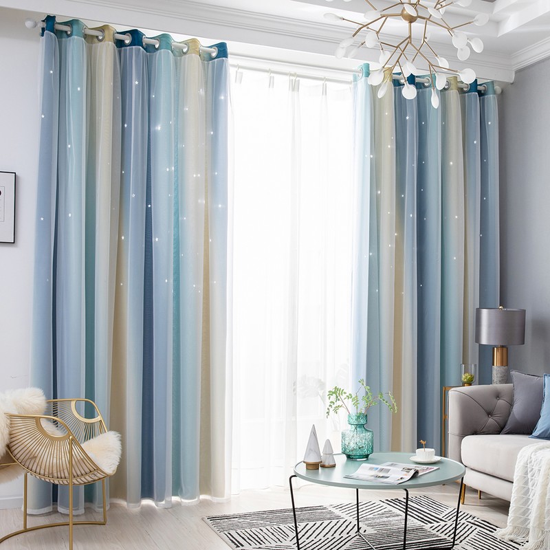 1pc Curtain Simple Gradient Hollow-out Star Pattern Double Layer Blackout