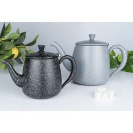Café Olé PT-048BG Premium 48oz 1.35L Teapot Made of High-Quality Stainless Steel - Black Granite, Drip-Free Spout, Hollow Handles & Hinged Lid, 1.35 Litres