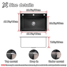 19.7 * 17.7in Drop In Kitchen Sink,Black Stainless Steel Single Bowl Sink,Topmount Workstation Sink With Pull Out Faucet,Soap Dispenser And Drain Basket